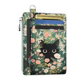 Hancynir Slim Wallet Women Credit Card Holder Cute Black Cat Floral RFID Small Mini Card Case Front Pocket PU Leather Thin Travel Zipper Coin Cash ID Window Girls Wallet Gifts