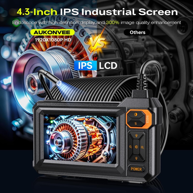 Endoscope Borescope Camera with Light, 4.3" IPS 1920P HD Inspection