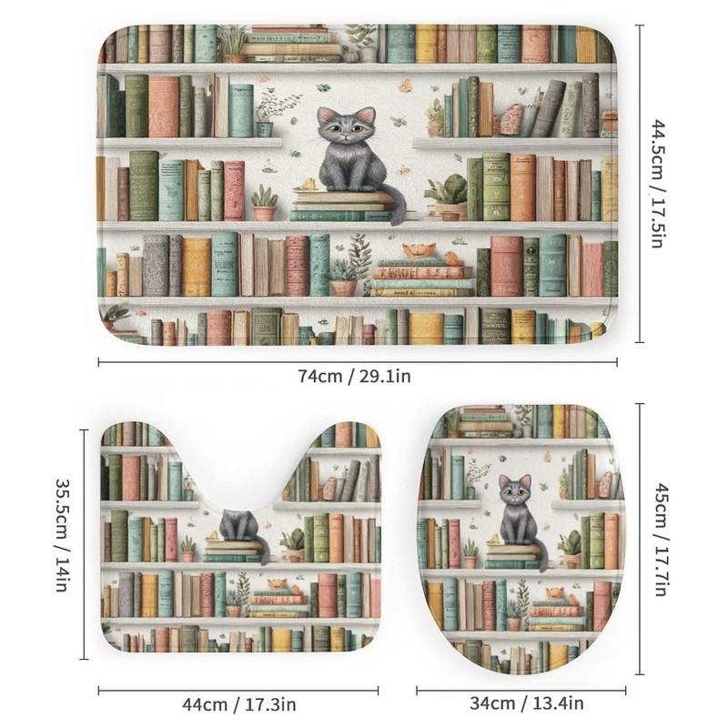 4PCS Cute Kitten Bookshelf Shower Curtain Set 72W X 72L,
