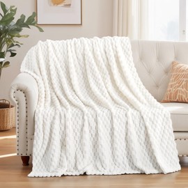 Aisbo Off White Blanket Throws For Sofas Bed- Fleece Soft Fluffy Blanket For Couch Armchair, Lightweight Warm Jacquard Travel Blanket For All Season, Single Size 130x150 cm