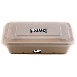 [150 PACK] 34oz Compostable Eco Friendly Container trays with Lids - Rectangular Oblong Tree Free Sugarcane Bagasse Meal Prep Bento Boxes Take Out Catering Microwavable Deep Container by EcoQuality