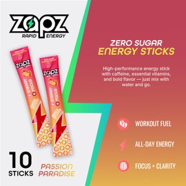 ZAPZ Caffeine Packets – Sugar Free Energy Drink Mix Powder with 200mg Caffeine for Nootropics Focus Support - Just 5 Calories, Gluten Free, Vegan (Passion Fruit & Watermelon, 10-Pack)