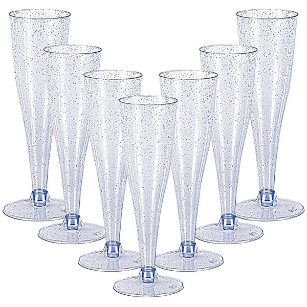 JOLLY CHEF 100 Pack Plastic Champagne Flutes Disposable 4.5 oz Blue Glitter Plastic Champagne Glasses Perfect for Wedding, Thanksgiving Day, Christmas