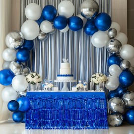 2 Pack Light Blue Table Skirts, 29x108" Metallic Foil Tinsel Fringe Table Skirts for Rectangle Tables Streamer Curtains Backdrop, Party Decorations for Birthdays Weddings Holidays