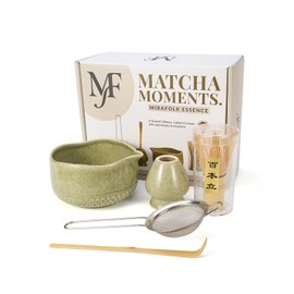 MiraFolk Matcha Set Whisk and Bowl – 5Pcs Ceremonial Grade Matcha Kit with Sieve, Bamboo Whisk, Holder, Scoop – Food-Grade Materials – Beautiful Handcrafted Design