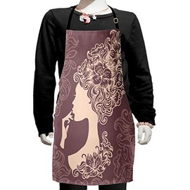 Ambesonne Vintage Woman Apron, Woman Silhouette with Flowered Hair Style Abstract Beauty Image, Small Apron Bib with Adjustable Ties for Baking Painting, Small Size, Mauve Taupe and Beige