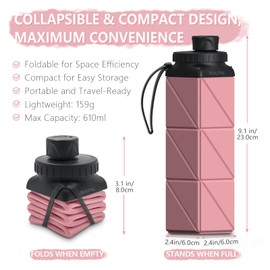 BEAUTAIL Collapsible Water Bottles, Silicone Foldable Water Bottle 610ml, Portable Lightweight Reusable Leakproof Bottle for Gym Travel Camping Hiking Sports Outdoor, 1 Pack (Pink)