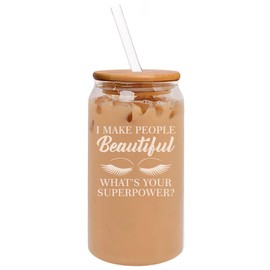 16oz Can Shaped Glass Iced Coffee Cup with Bamboo Lid and Straw Gift I Make People Beautiful What's Your Superpower Lash Makeup Artist Esthetician