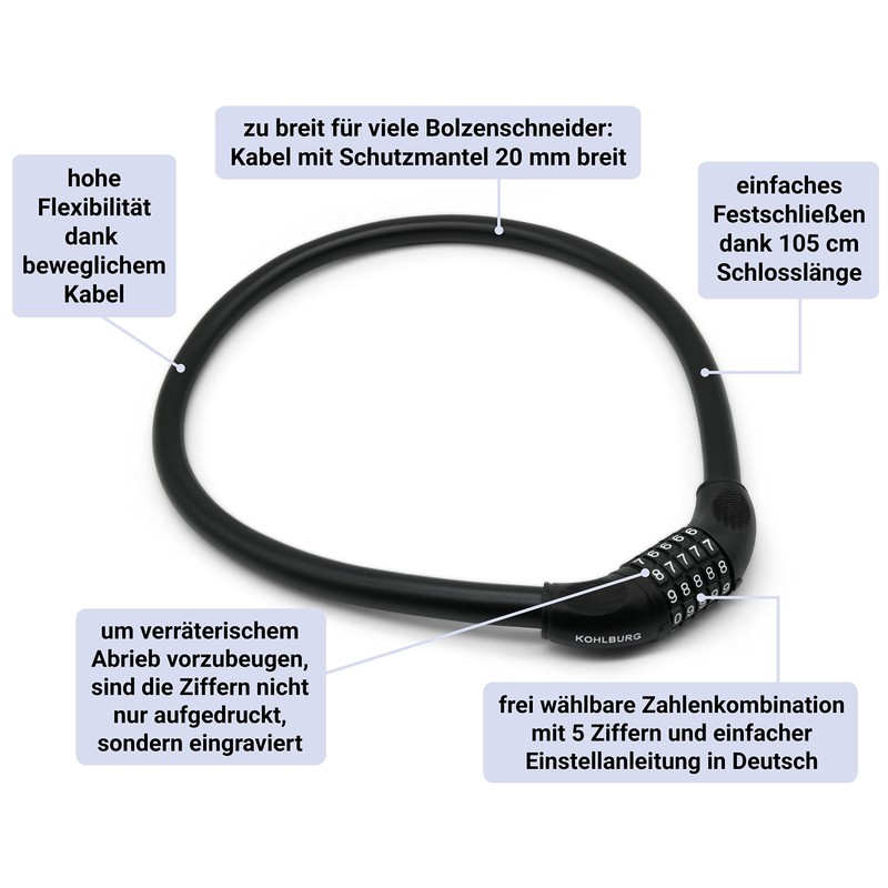 KOHLBURG Long Combination Lock 105 cm Long & 20 mm