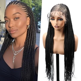 lumeng 13X6 HD Lace Front Cornrow Braided Wigs for Women Knotless Braided Wigs 32" Box Braid Wig with Baby Hair Premium Synthetic Natural Looking Hair Black Braided Lace Front Wigs