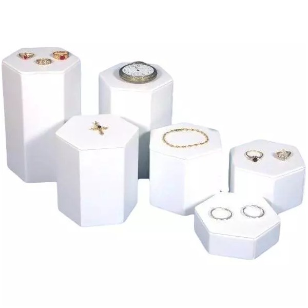 FindingKing 6 White Faux Leather Jewelry Showcase Display Risers 1"