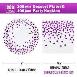 CENLBJ Purple and White Gold Paper Plates and Napkins 200Pack-100 x 7" Dessert plates & 100 x 6.5'' Napkins,Purple Paper Plates for Appetizers,Cakes and Salads,for Birthdays,Graduation,Carnival
