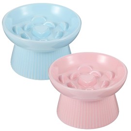 2 Pack Raised Slow Feeder Cat Bowls Ceramic Elevated Cat Food Bowl Anti Vomiting Slow Feeder Bowl for Dog and Cat for Dry and Wet Food Kitten Home(Blue, Pink)