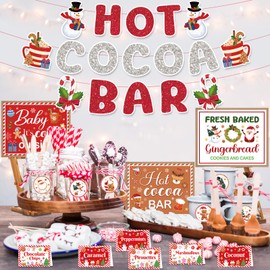 Hot Coco Bar Decor Supplies Include Christmas Gingerbread Hot Coco Bar Banner Gingerbread Man，Baby It's Cold Outside Sign Toppings Tent Cards Cup Tags Stickers for Christmas Winter Baby Shower Party