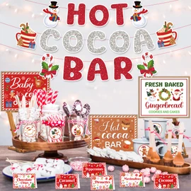 Hot Coco Bar Decor Supplies Include Christmas Gingerbread Hot Coco Bar Banner Gingerbread Man，Baby It's Cold Outside Sign Toppings Tent Cards Cup Tags Stickers for Christmas Winter Baby Shower Party