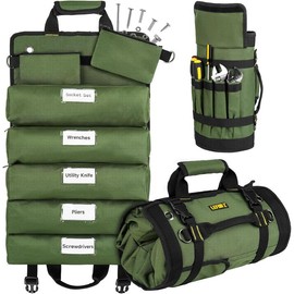 Tool Bag Large Roll Up Organizer 13 Pockets for Men, Heavy Duty Portable Storage Carrier for Mechanics, Electricians & Hobbyists - Color: Black