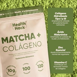 Health Hack Matcha con Colágeno Hidrolizado en Polvo, Matcha Grado Ceremonial, 10 g Colágeno Tipo I y III, 120 mg Ácido Hialurónico, L-Teanina, Vitamina C y Zinc, 20 Porciones, 226 g