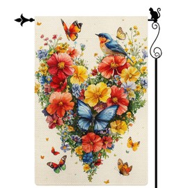 PureGorm Watercolor Wildflowers Heart Garden Flag 12.5x18 Inches - Vibrant Butterflies & Birds Outdoor Yard Decor