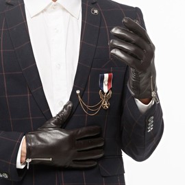 Nappaglo Men's Leather Sheep Leather Gloves, Zipper, Smartphone Compatible, Handmade, Driving Gloves, Long Fleece Lining, Deep brown (compatible with smartphones)