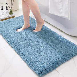 Ruggnovea Bathroom Rugs 59x24, Ultra Thick Shaggy Soft Microfiber Absorbent Bath Rug, High Density Foam Latex Non Slip Backing, Machine Washable Bath Mats for Bathroom Floor & Sink, Blue