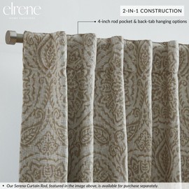 Elrene Home Fashions Giovanni Medallion Block Print Linen Blend Blackout Lined Window Curtain Panel, 52"x84", Natural