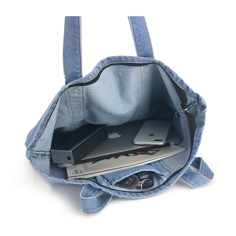 Hoxis Casual Denim Tote Bag with Zipper, A4 Large Capacity,