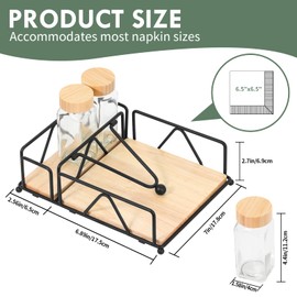 Metal Napkin Holder with Salt and Pepper Shakers,Flat Napkin Holder with Wooden Base,Modern Napkin Holder for Table with Weight Arm,for Kitchen Table Decor,Cocktail, Bathroom, Party(Black)
