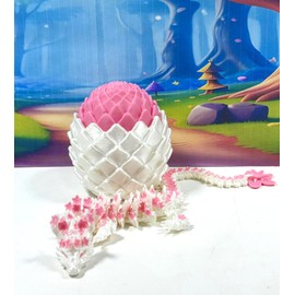 3D Printed Dragon Egg, Cherry Blossom Dragon Fidget Toys, 12 Inches Full Articulated White and Pink Dragon in Dragon Egg, Adult Fidget Toys for Autism ADHD - D068-WPE