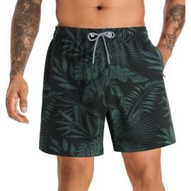 APTRO Men's Swimming Shorts Swimming Trunks with Inner Shorts Quick-Drying Board Shorts with Zip Pockets Sports Shorts, Palm Green 1, L