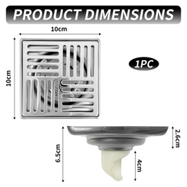 Bathroom Floor Drain Strainer Lid Grid Square Shower Drain Stainless Steel Anti Odour Shower Drain for Toilets, Bathrooms, Kitchens etc (100 x 100 mm, Silver)
