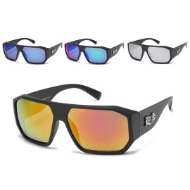 LOCS Sunglasses Mirror Lenses Wrap Around Matte Black Plastic Frames Gangsta Men - Blue Mirror Lens