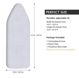 SheeChung Ironing Board Cover and Pad 18x54,Extra Thick Cotton Cover,Scorch and Stain Resistant Iron Board Cover with Padding,4-Layer Wide Ironing Cover with 2 Fasteners and Elastic Edge,Silver Grey