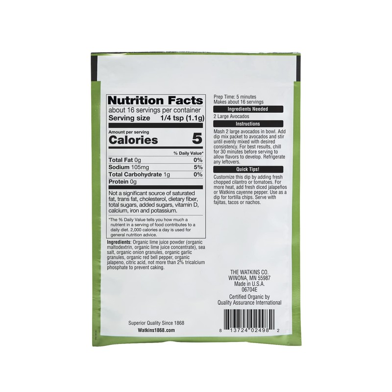 Watkins Organic Gourmet Dip Mix, Guacamole, 0.63 Ounce (Pack of