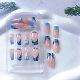 3d Handmade Press on Nails Medium Long Square Flower Fake Nails with Designs Blue French Tip False Nails Summer Cherry Floral Stick on Nails Gel Acrylic Nails Medium Glue on Nails For Women 24Pcs