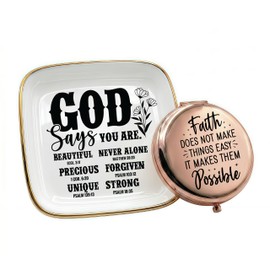 eloi Inspirational Faith Gift Box Set - God Says You Are Ceramic Trinket Tray and Rose Gold Compact Mirror, Scripture Gifts for Christian Women, Spiritual Birthday Gift for Sister Mom Daughter Friend