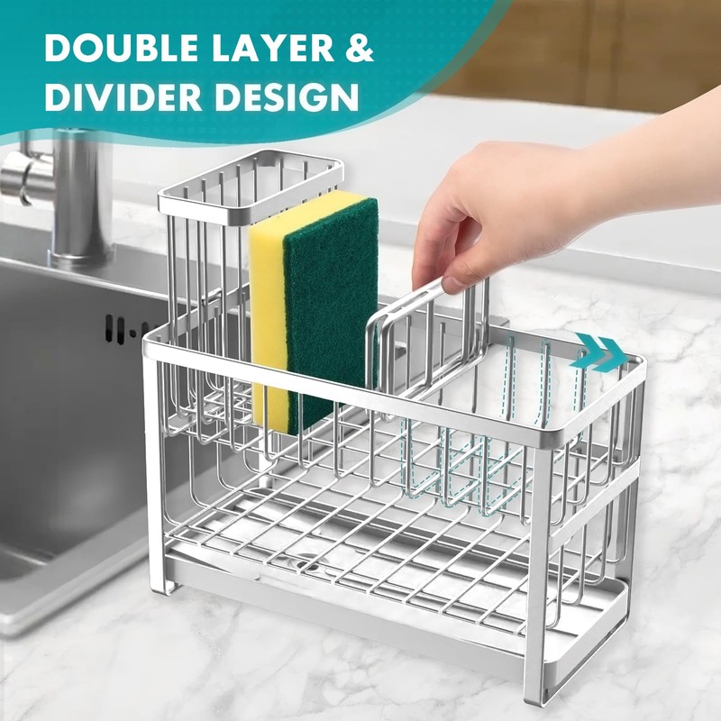 Sinnsally Kitchen Sponge Holder,Sink Caddy Organizer with High Brush Holder,Stainless