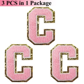 Zogify Iron on Letter Patches Gold Glitters & Pink Chenill,3 PCS Varsity Initial Patches,Adhesive Sticker Letter Patch for Team Costume Decoration 3.1in Height C