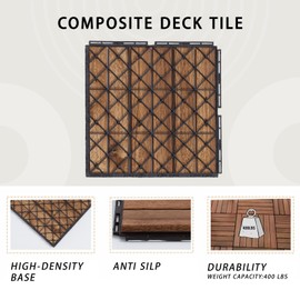 Deck Tiles - Pack of 10 Waterproof Acacia Wood Patio Tiles, Flooring Tile for Indoor and Outdoor - 12 x 12 inches (Dark Brown)