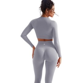 SUUKSESS Women Workout Sets Hidden Scrunch Butt Lifting Leggings Long Sleeve Yoga Crop Tops High Waisted Seamless Yoga Pants (Washed Blue, M)