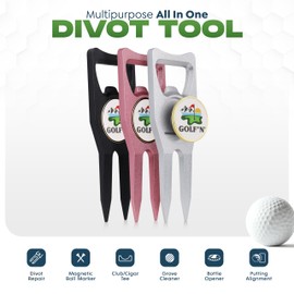 Golf'N Aluminum Golf Ball Marker Divot Repair Tool - Magnetic Ball Marker, Groove Cleaner & Bottle Opener - Essential Golf Divot Tool for Golfers, Sleek Black Design