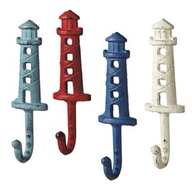Lighthouses - Antique Style Weathered Wall Hooks Set of 4 - Aqua, Red, Blue, White