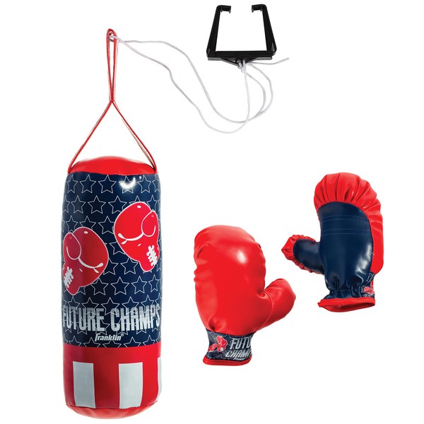 Franklin Sports Future Champs Kids’ Mini Boxing Set – Includes Kids’ Boxing Gloves – Punching Bag & Door Jam Bracket with Rope for Adjustable Punching Bag 4.75 x 4.75 x 12
