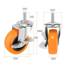 Caster Wheels, 3 Inch Casters Set of 8, Threaded Stem 3/8"-16 x 1 (Screw Diameter 3/8", Length 1") Polyurethane Locking Swivel Casters,Heavy Duty Castors with Brake Wheels for Furniture and Workbench