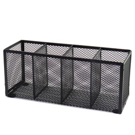 Flytreal Black Mesh Pen Holder, Metal Desk Organizer Desktop Stationery Office Supplies Acessories Storage Stand, 4 Compartments Pencil Organizer Brushes Holder for Home School Classroom Teachers