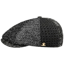 LIERYS Ventano Patchwork Flat Cap - Stylish Peaked Cap - Men's Winter Cap Made of Virgin Wool - Unisex Autumn/Winter - Made in Italy, black-white