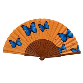 Tusitala Barcelona Blue Butterfly Hand Fan - Made of Wood and Cotton - 100% Spanish Craft - Includes Natural Jute Bag - Handmade Fashion Accessory - 23 cm