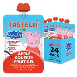 Tastelli Peppa Pig Kids Squeezy Fruit Gel – Apple Flavor – No Artificial Sweeteners or Flavors, Made with Real Fruit Juice, Fiber-Rich Prebiotic Gut Support, Vitamins C & D, Vegan, Gluten-Free - 24 Count