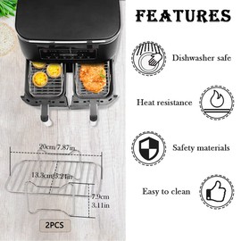 2 Pieces 304 Stainless Steel Hot Air Fryer Grill Rack with 100 Pieces Baking Paper Compatible with Ninja Foodi AF300EU AF400EU, Dehydrate Rack Set Dual Zone Air Fryer, Leaves