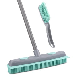 Conliwell Rubber Broom Carpet Rake for Pet Hair, Fur Remover Broom with Squeegee, Portable Detailing Lint Remover Brush (Iron Handle)