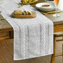 Artoid Mode Grey Rustic Linen Table Runner, Seasonal Embroidered Hollow Kitchen Dining Table Decoration for Home Party Decor 13x72 Inch